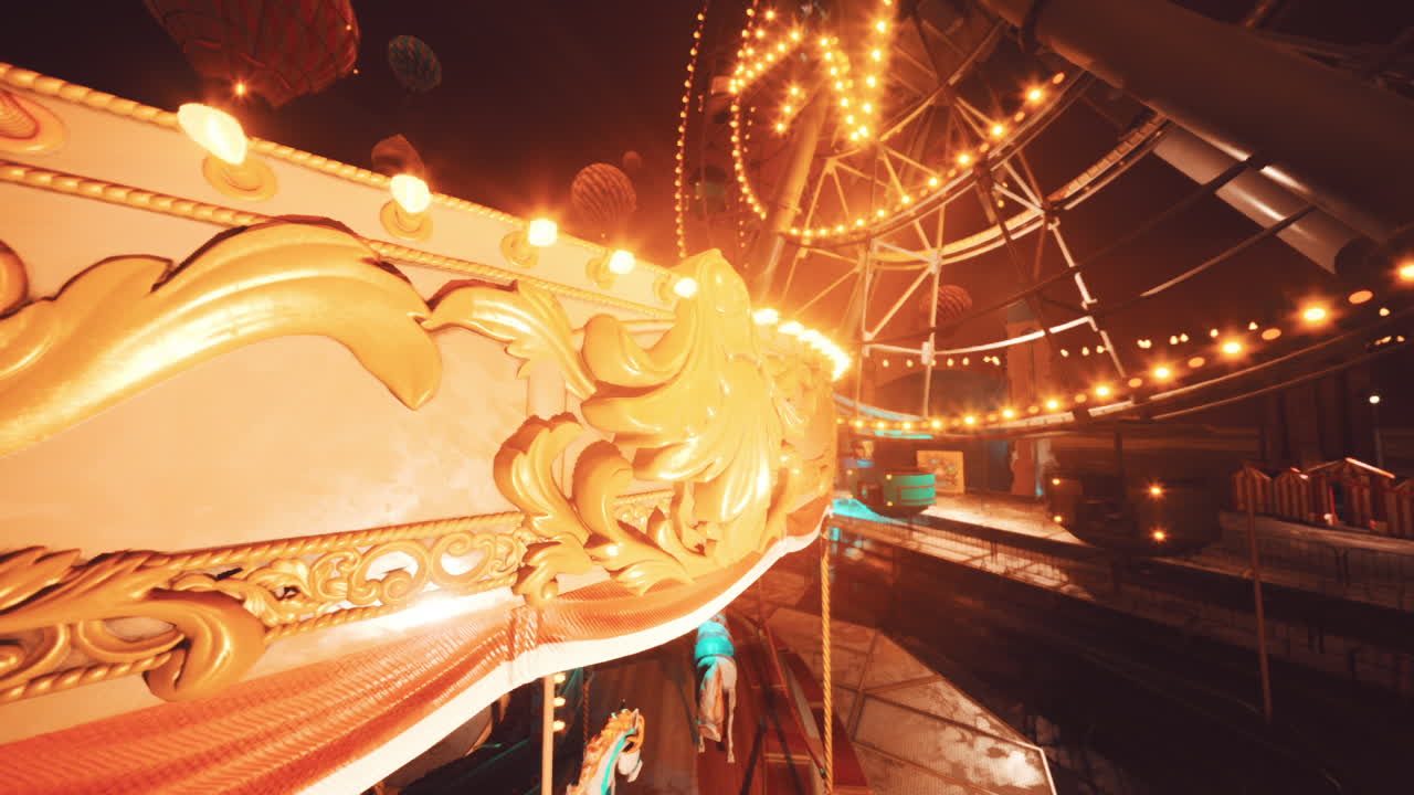 Empty amusement park at night with illuminated rides and quiet atmosphere