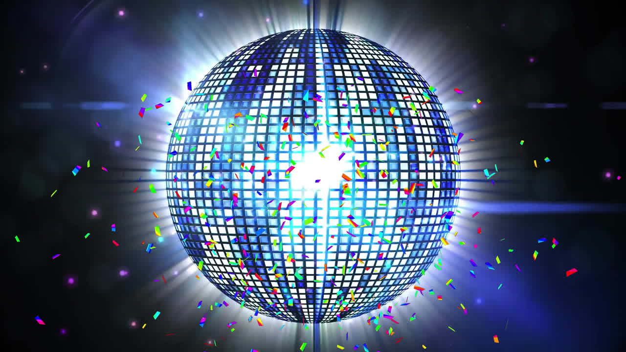 animación de confeti cayendo sobre la pelota de discoteca del espejo sobre fondo negro