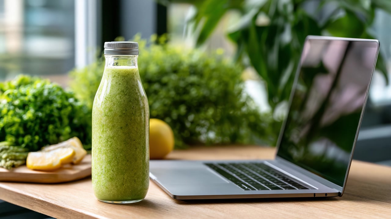 Un frullato verde fresco e salutare accanto a un laptop moderno in un ambiente luminoso e lussureggiante, perfetto per una sessione di lavoro produttiva.