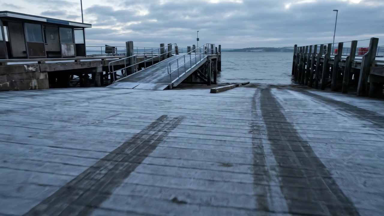 Frosty Wooden Pier with Tire Tracks Leading to a Boat Ramp