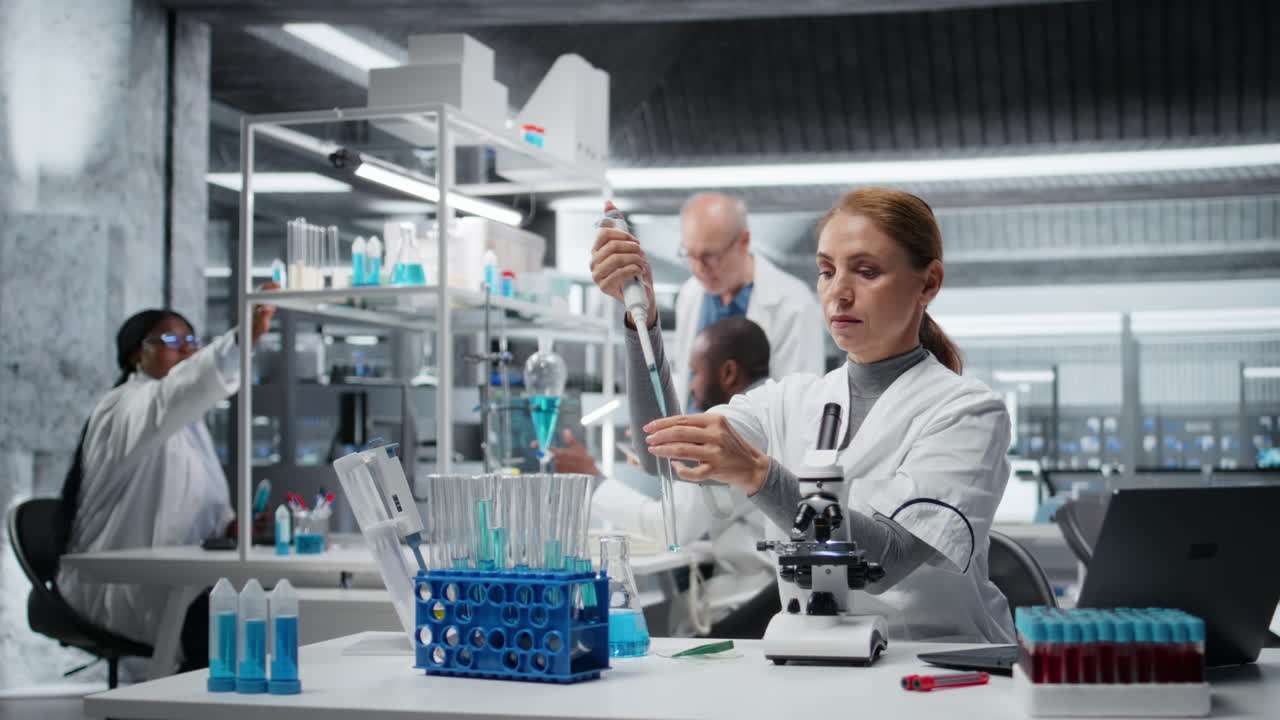 Researcher pipetting reactant into blue solution for purity analysis