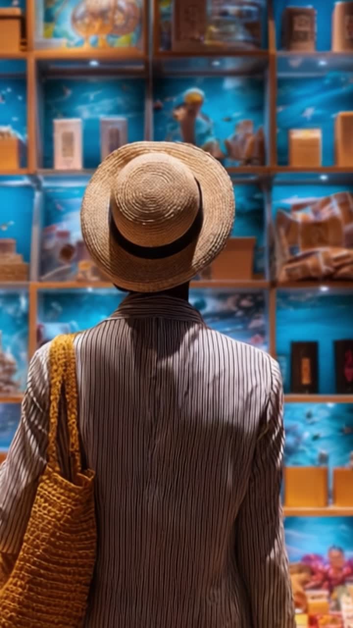 Una persona con un cappello di paglia e una camicia a righe si trova di fronte a un'esposizione colorata di vari piccoli oggetti e decorazioni in uno spazio ben illuminato.