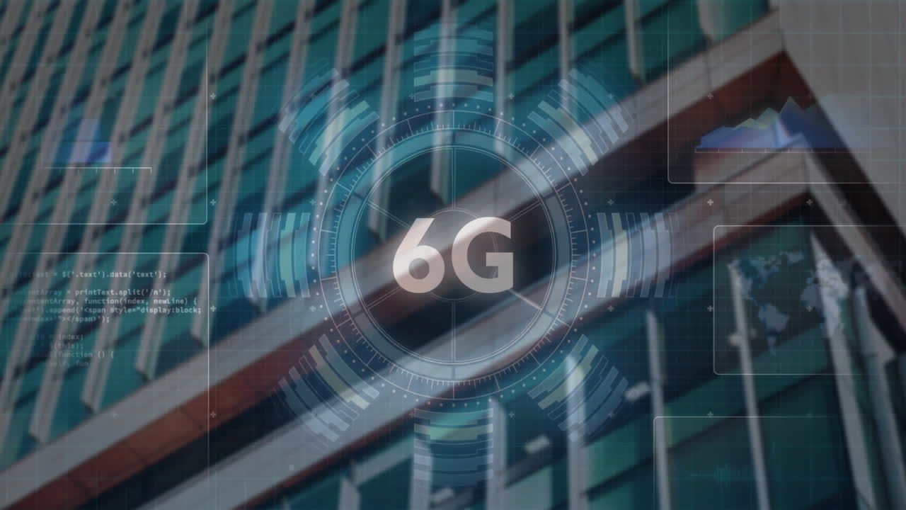 Animation of data processing with scope scanning and 6g over modern building