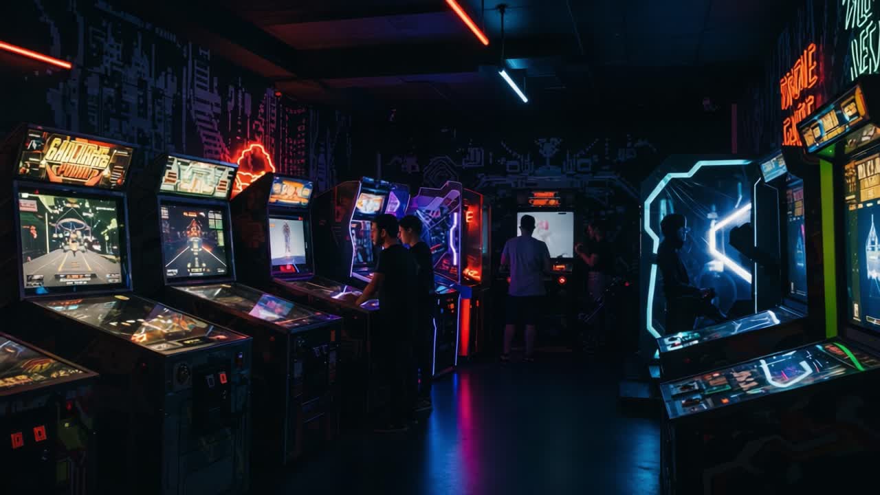 A Vibrant Arcade Filled with Classic Video Game Machines and Enthusiastic Gamers in a Neon-Lit Environment Capturing the Spirit of Retro Gaming Culture