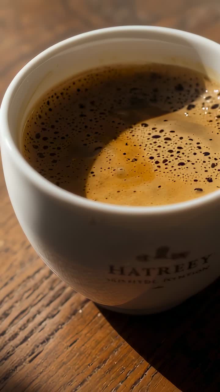 Vertical video: Shifting sun highlighting white coffee cup with logo and crema rising on cafe table