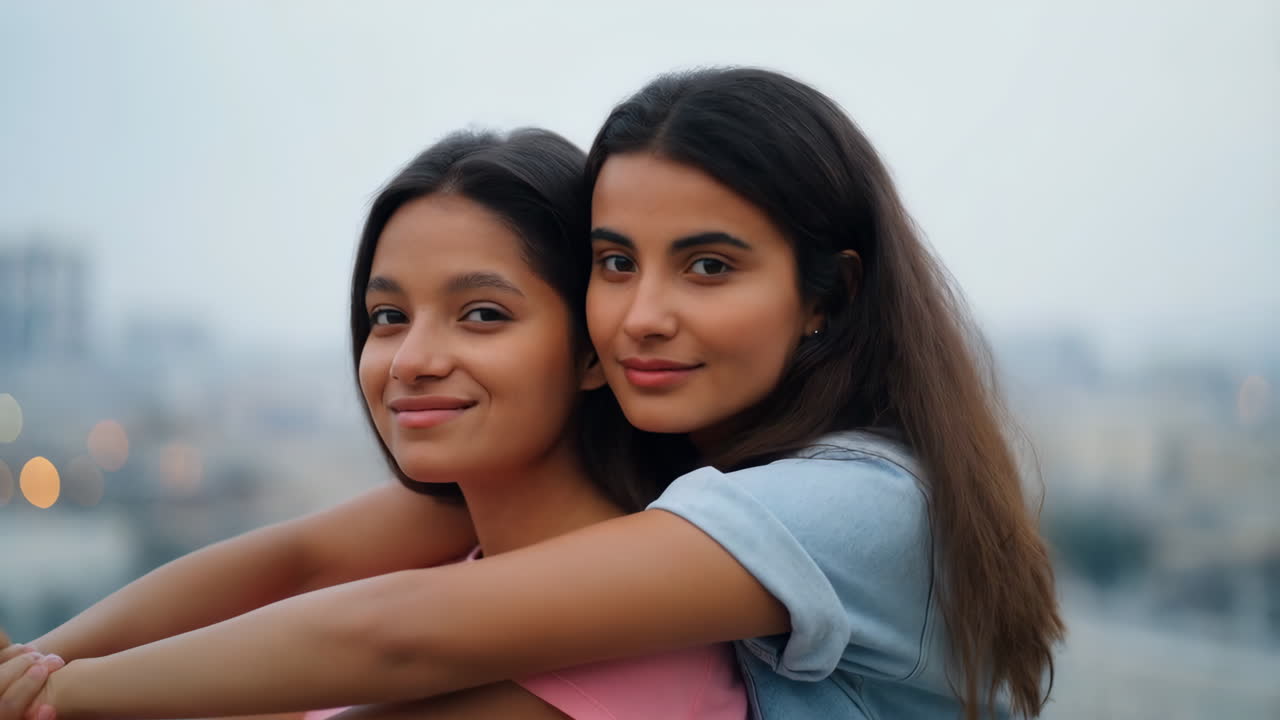 बाहर गले मिलती दो खुश युवा महिलाओं का क्लोज-अप