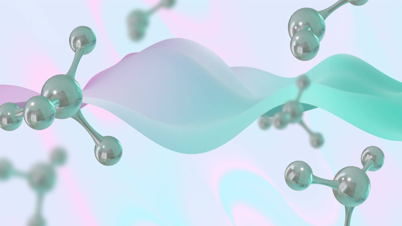 Animation of molecules moving over waving multi coloured background