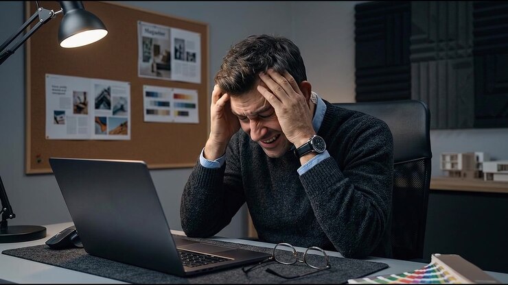 Uomo d'affari stressato che si tocca la fronte con espressione dolorosa durante il lavoro notturno al computer in un ambiente d'ufficio