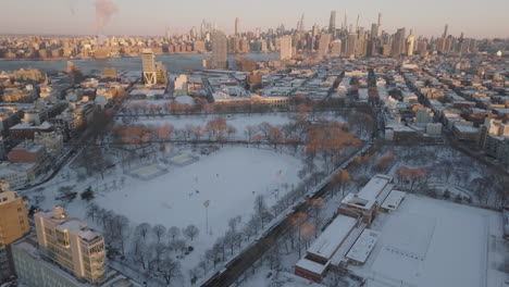 aerial view of mccarren park on a winter morning. shot in brooklyn, new york
