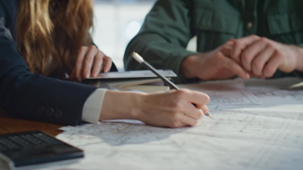 Businesswoman reviewing project plans with coworker in agency office closeup