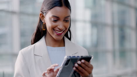 Phone,-business-and-Indian-woman-in-office-typing