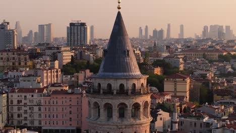 spectacular aerial view above galata tower at sunrise in istanbul, turkey