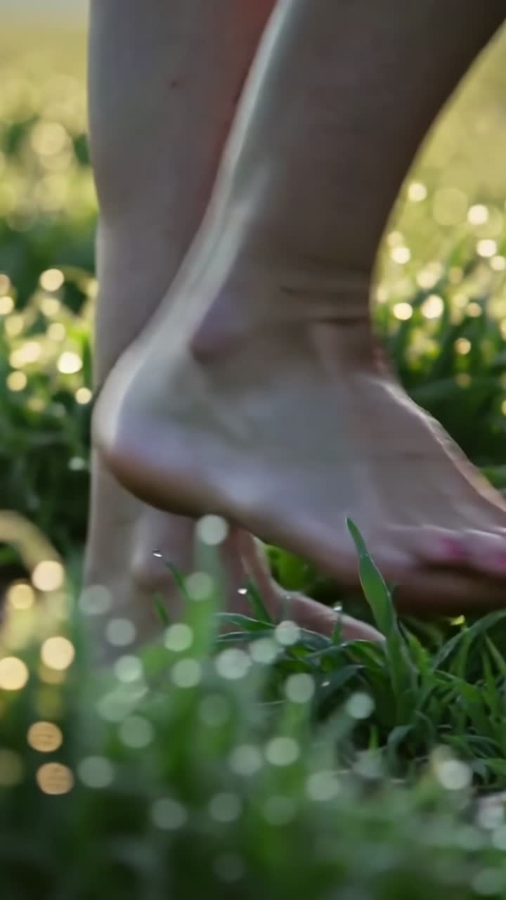 Vertical video: Stepping after dew touch, bare feet with pink nails sensing sunrise warmth on grass