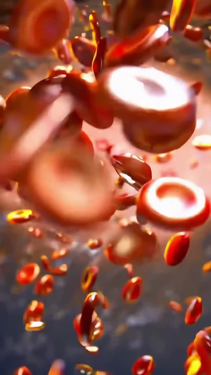 Dynamic video of red blood cells in motion, captured from a close-up angle, creating a vibrant
