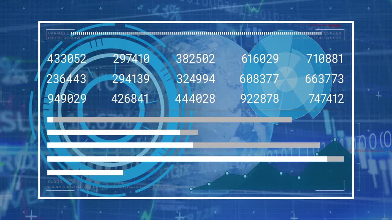 animación de globos, círculos de procesamiento, gráficos y datos financieros en pantalla digital