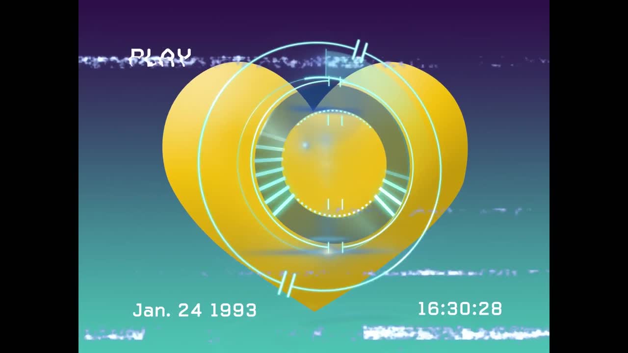 animación de la interfaz digital de juego y el icono del corazón con el alcance en la pantalla con glitch