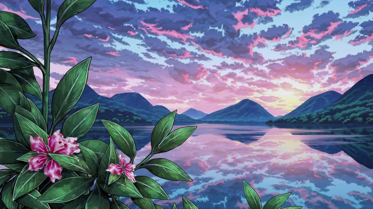 Vibrant anime-style landscape video still, featuring a low-angle view of a serene lake with lush
