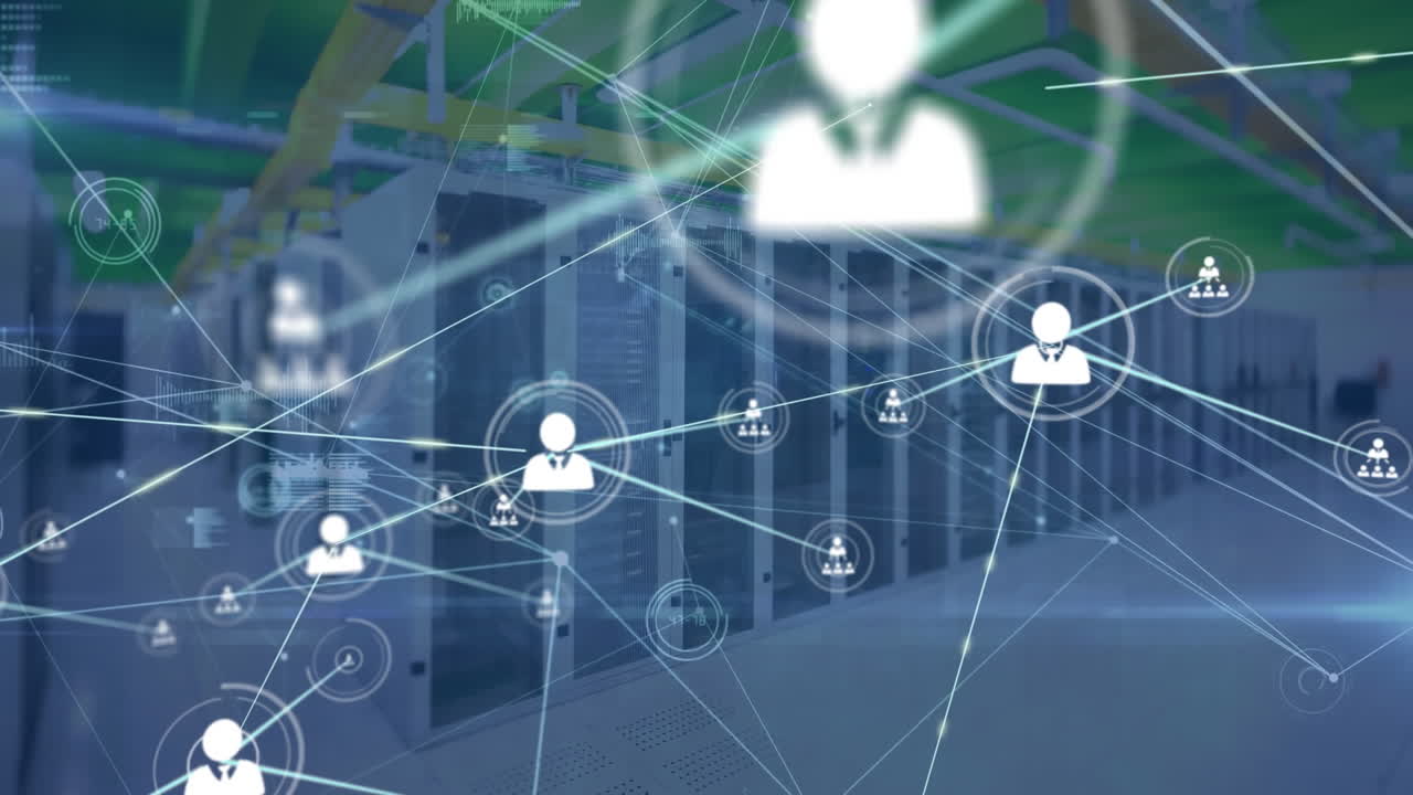 Animation of network of profile icons and data processing against computer server room