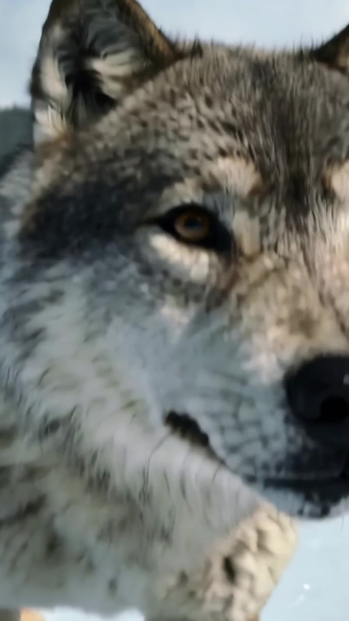 Vertical video: Camera tightening gray wolf standing on snow showing eye detail tree line pale sky