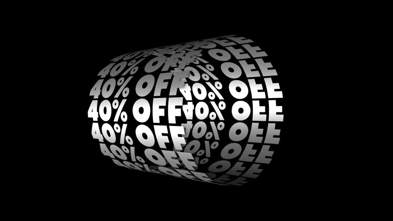 40% de descuento en la venta. ciclo de tipografía cinética animación 3d. publicidad banner animado. venta final. viernes negro. lunes cibernético