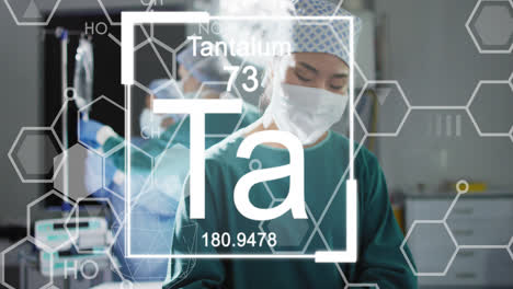 animation of elements and molecule structures over asian female doctor operating