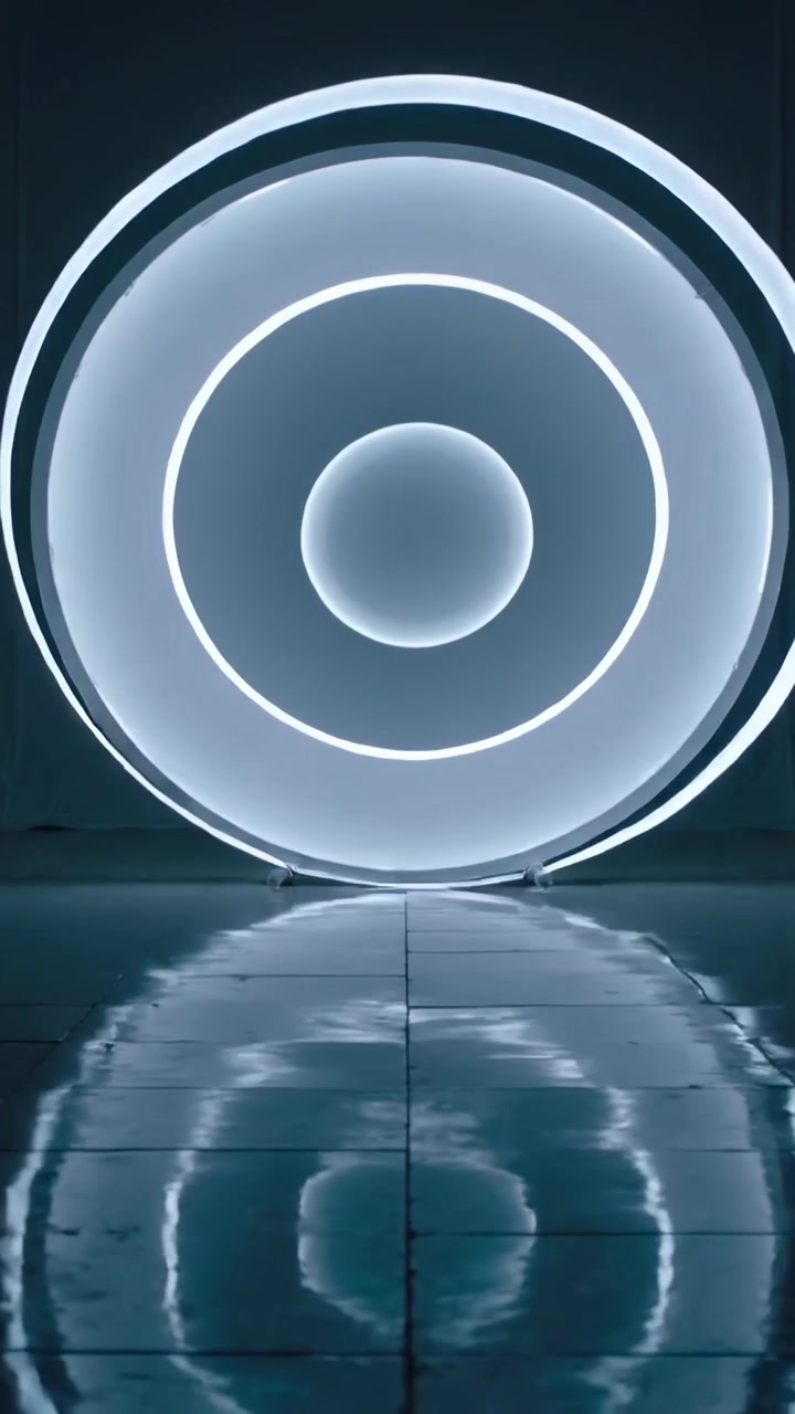 Vertical video: Starting pulsing LED ring showing blue rings on shiny tiles in studio on metal legs