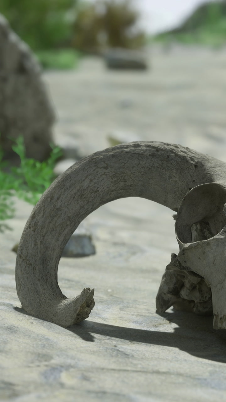Old animal bones are found in a desert landscape with plants and rocks