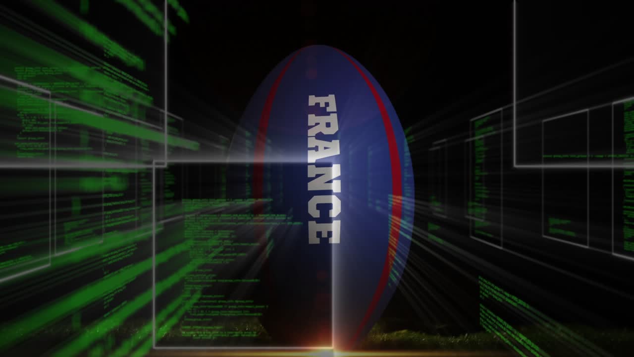 Green code streams rushing forward, starting FRANCE oval rotating, fading, forming tunnel to portal