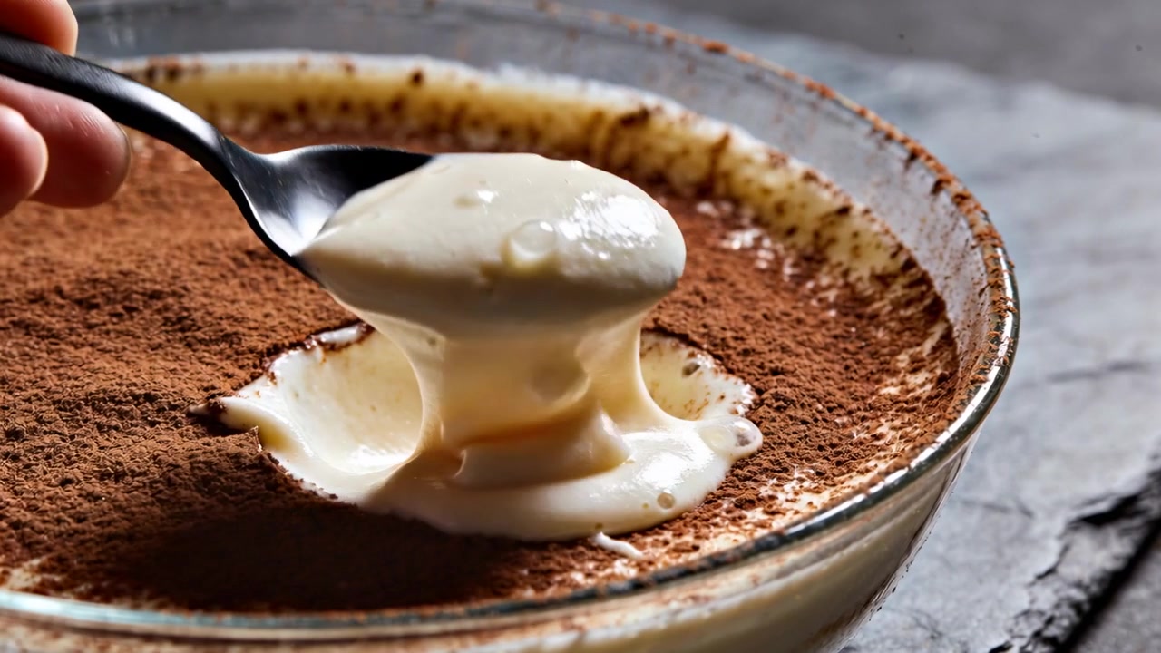 Pressing metal spoon into cocoa to scoop, shallow glass dessert revealing pale custard on slate