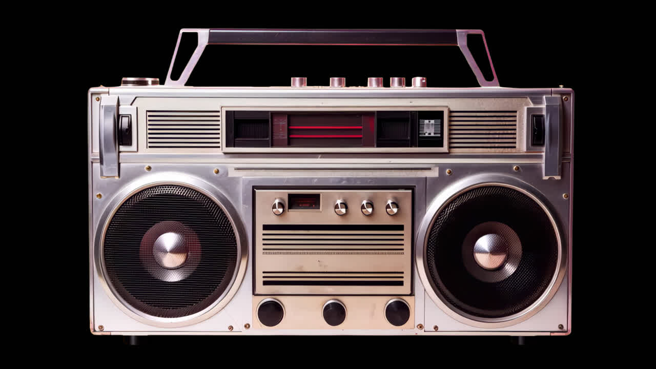 Vintage boombox animation isolated asset, transparent 4K video, alpha channel, ProRes 4444