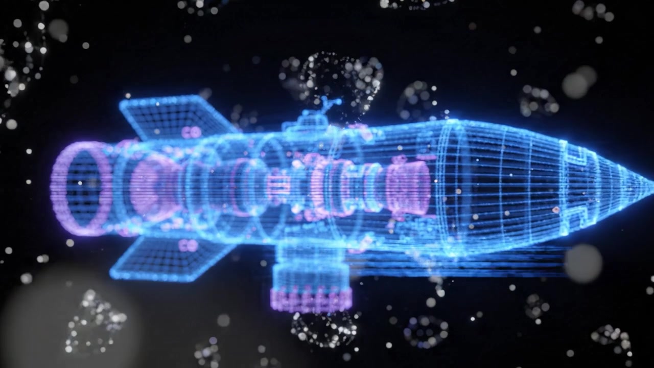A Stunning Digital Representation of a Futuristic Missile with Complex Internal Components and Engine Design, Set Against a Sparkling Background of Light Particles.