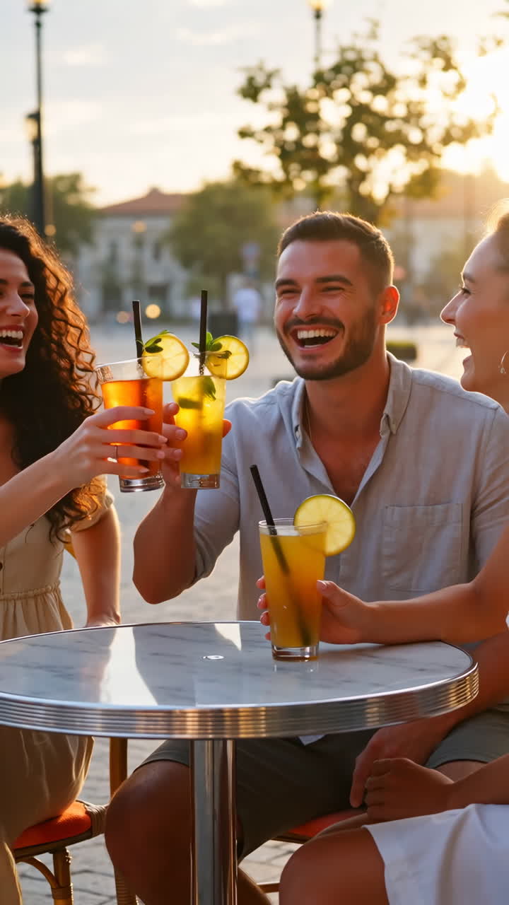 Friends Enjoying Drinks and Laughing at an Outdoor Cafe During Sunset