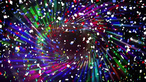 Digital-animation-of-confetti-falling-over-spinning-colorful-digital-waves-on-black-background