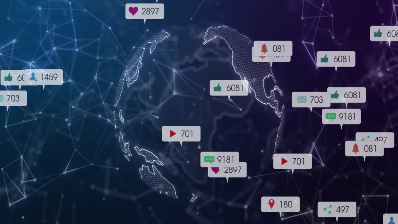 전 세계 소셜 미디어 텍스트 및 아이콘과 연결된 네트워크의 애니메이션
