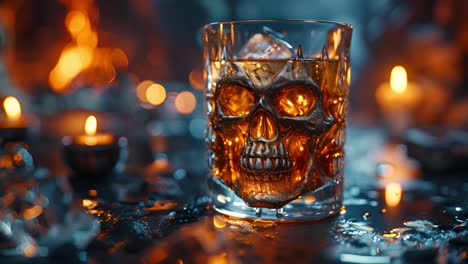 spooky skull glass with drink and candles
