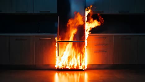 a kitchen with a fire burning in the middle of it