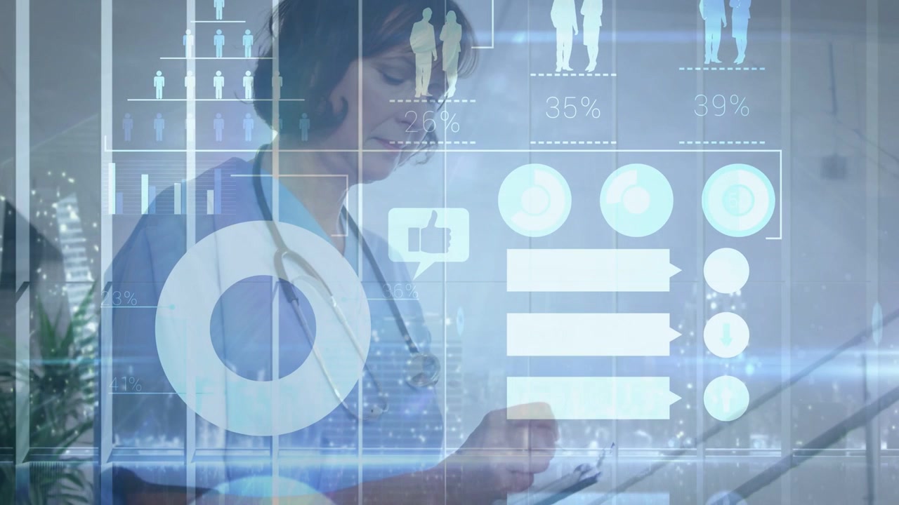 Female clinician responding to data charts appearing, tapping tablet and entering clinical records