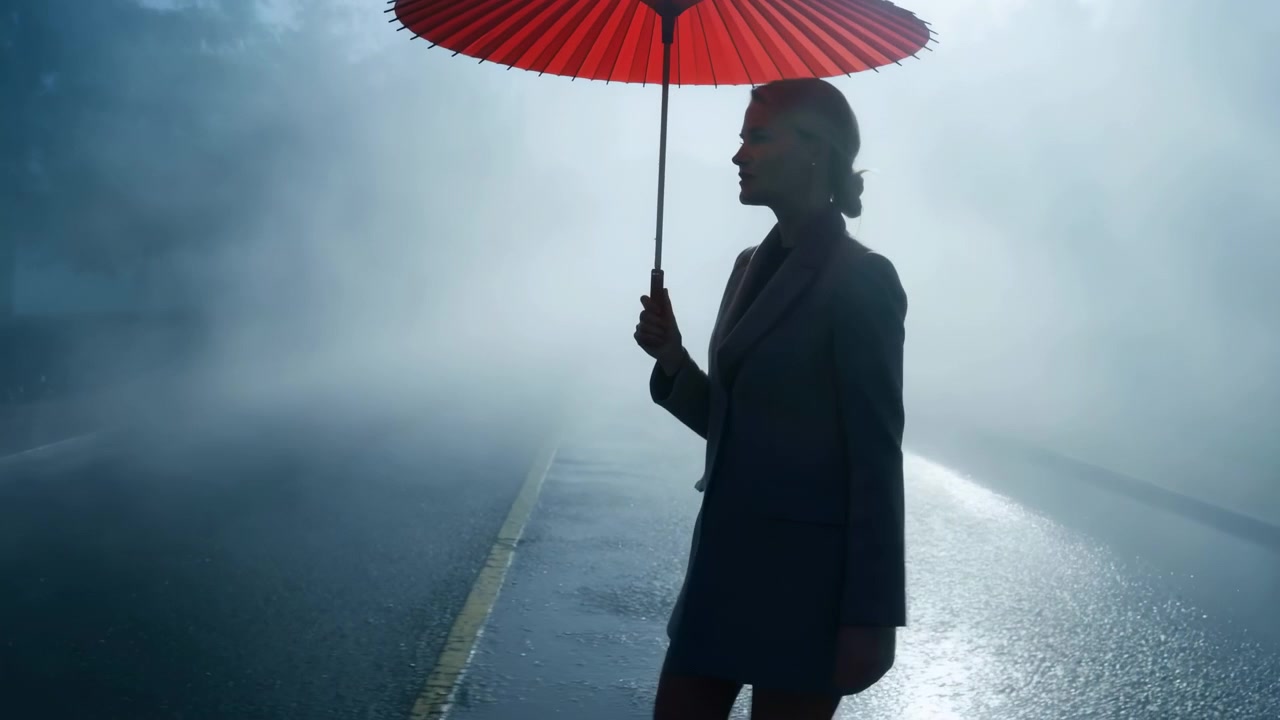Donna in silhouette con ombrello rosso su strada nebbiosa. Dirigente aziendale cammina lungo il marciapiede bagnato sotto la nebbia retroilluminata.