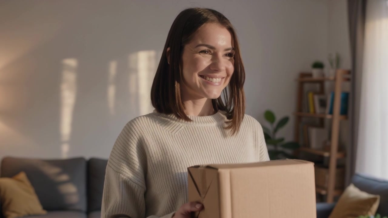 Donna che tiene un pacco di cartone, con un maglione a coste chiaro, che guarda in alto e sorride in soggiorno