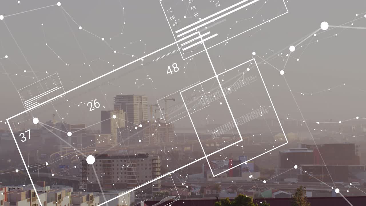 Animatie van schermen met gegevensverwerking over een stadsgezicht