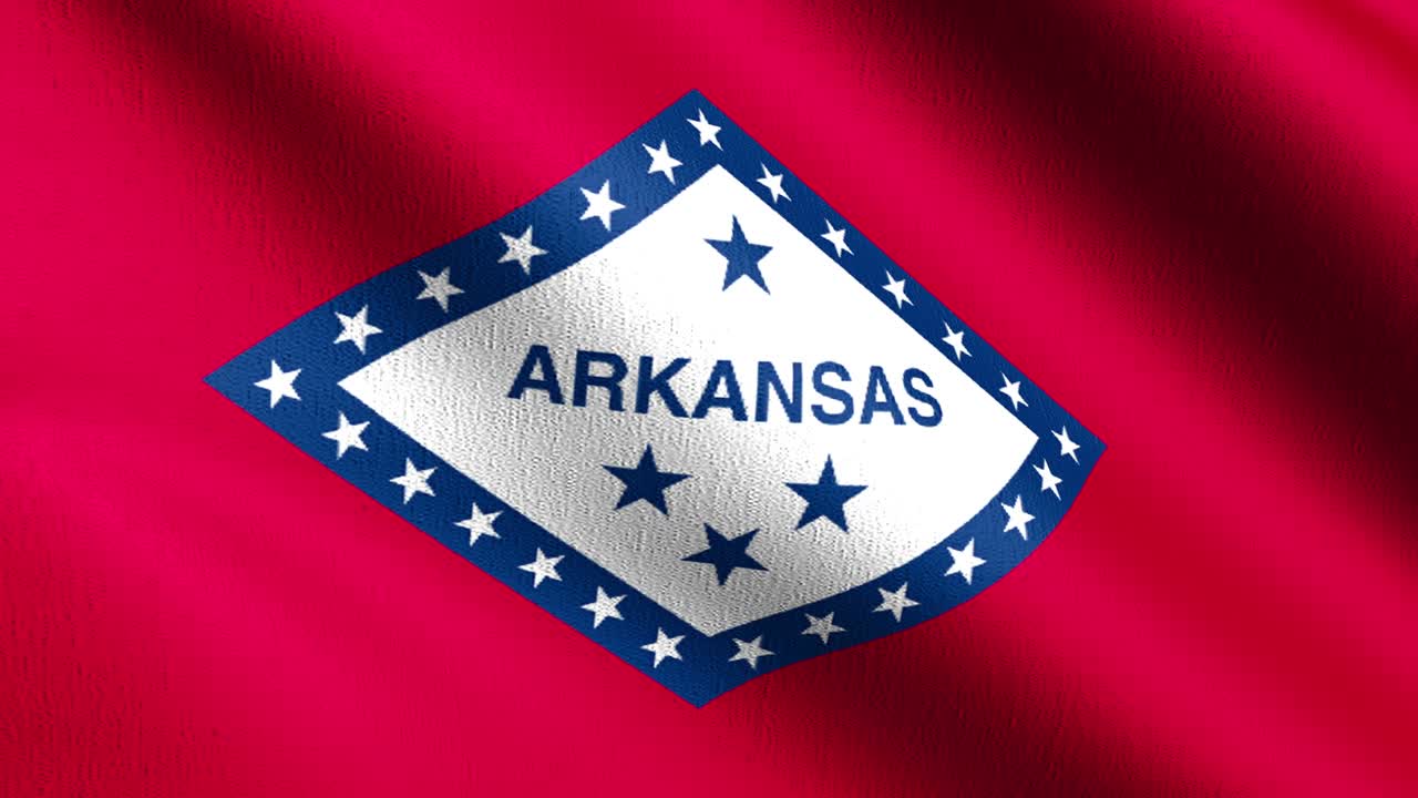 bucle sin costura 4k vdo. bandera del estado de arkansas en los estados unidos de américa, estados unidos, soplando en el viento aislado. diseño abstracto patriótico oficial. ilustración de renderización 3d del símbolo del signo ondulante.