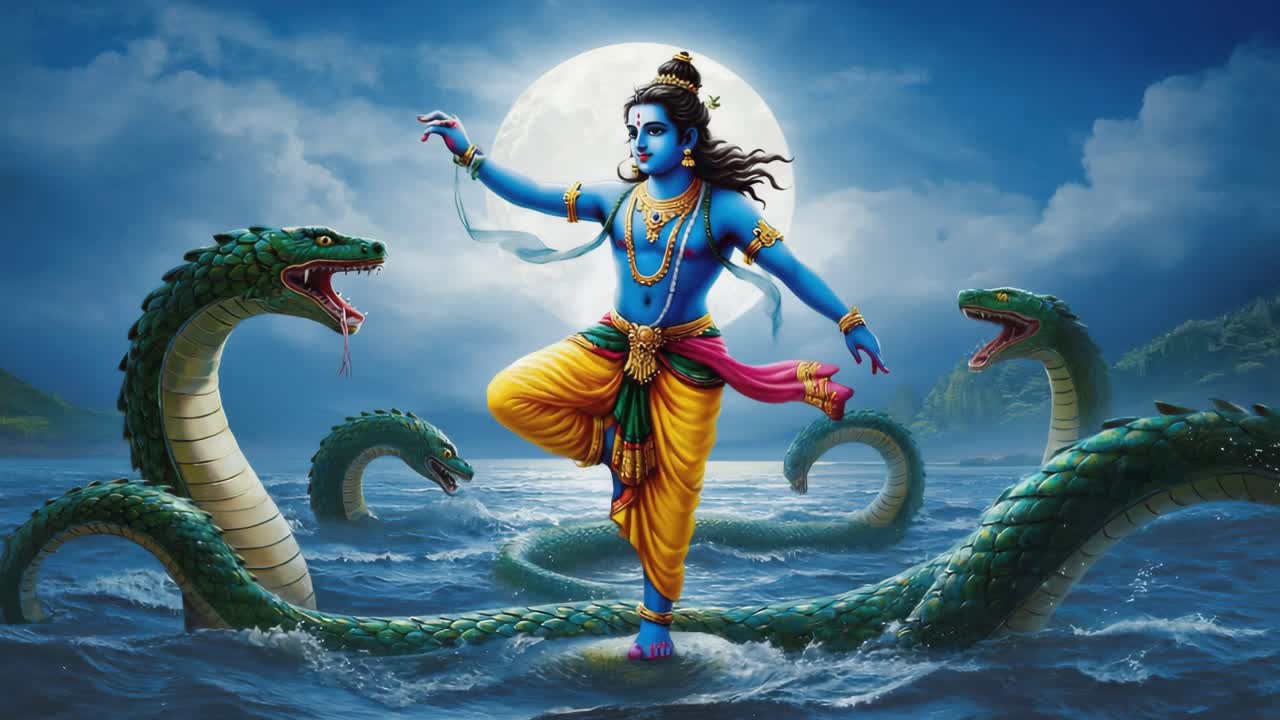 Krishna, a hindu deity, is dancing on kaliya, a venomous multi headed naga, to subdue him and protect the people of vrindavan from his poison