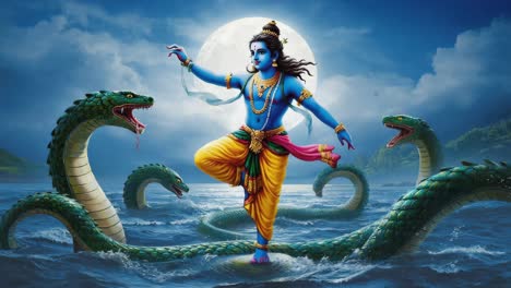 krishna, a hindu deity, is dancing on kaliya, a venomous multi headed naga, to subdue him and protect the people of vrindavan from his poison