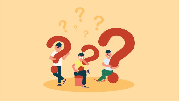 una animación de una gente plana sosteniendo signos de interrogación