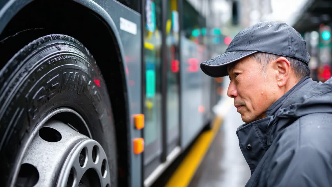 An Individual Inspects a Bus Tire During Rainy Weather, Demonstrating Attention to Maintenance and Vehicle Safety in Urban Traffic Conditions