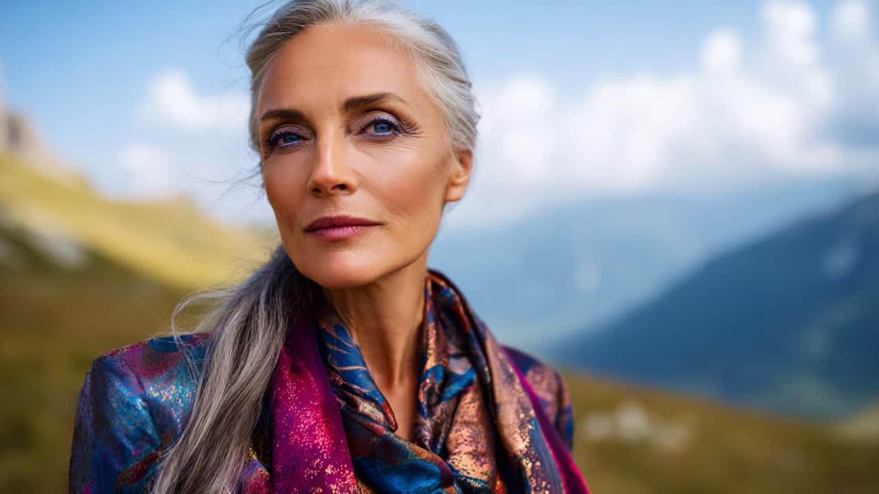 Donna elegante con capelli argentati che guarda pensierosa in lontananza, irradiando sicurezza e bellezza sullo sfondo di uno splendido scenario montano