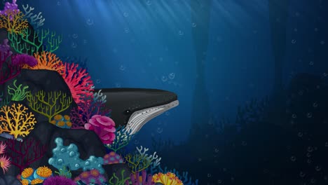 una ballena animada nada más allá de los coloridos corales en las profundidades del mar
