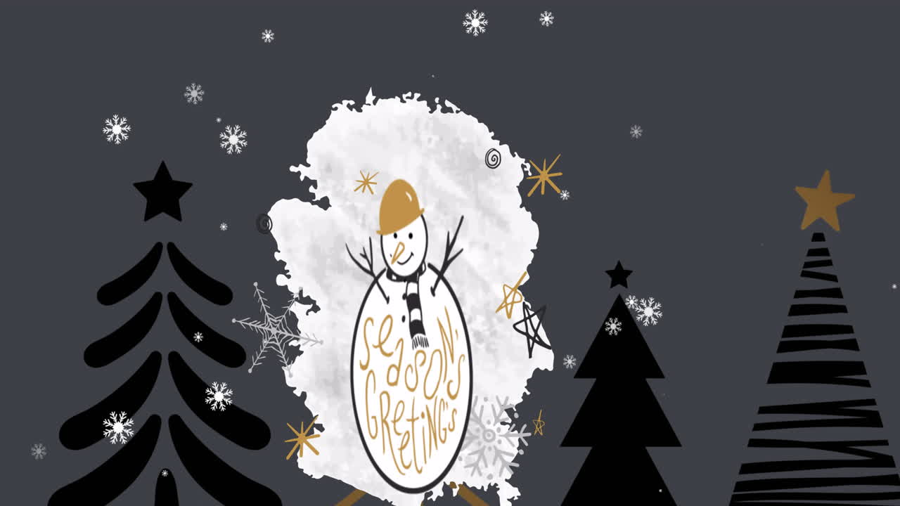 Animation of seasons greetings text over snowman and christmas trees