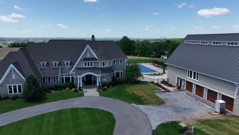 aerial view of luxurious countryside estate with large mansion, detached garage, circular driveway, manicured lawn and backyard pool. surrounded by open fields and scenic landscape. pennsylvania, usa.