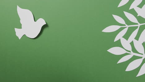 primer plano de paloma blanca con hojas y espacio de copia en fondo verde